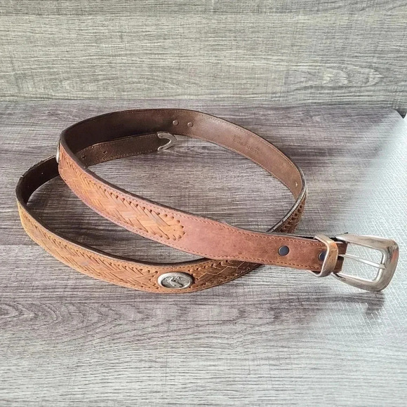 Badger, Brown Leather Silver Tone Fish Design Braided Belt, Men's Size 44 - Picture 1 of 13